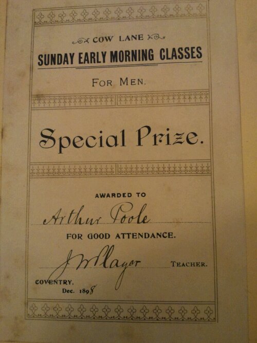 image of book plate for "Cow Lane Sunday early morning classes for men awarded to Arthur Poole"